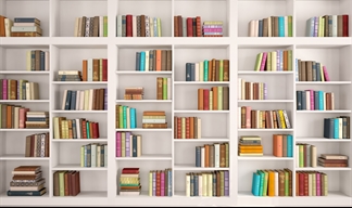 A home library organised on white box shelves with plenty of pleasing empty space