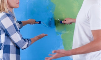 A man and a woman discussing whether to paint a wall blue or green